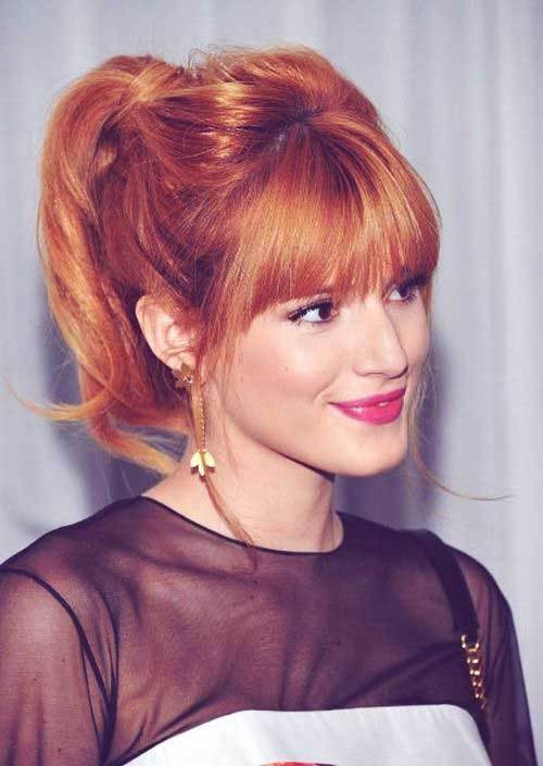 red hair ponytail with layered bangs