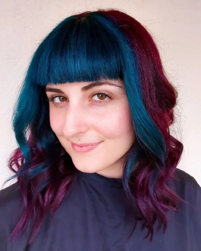 red purple hair with blue bangs