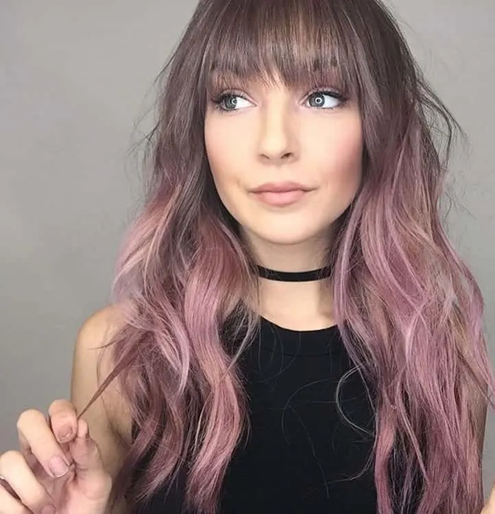 dusty rose pink hair with bangs