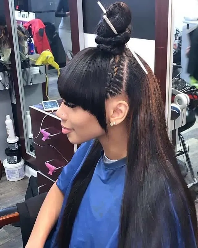 sew in topknot with bangs for black women