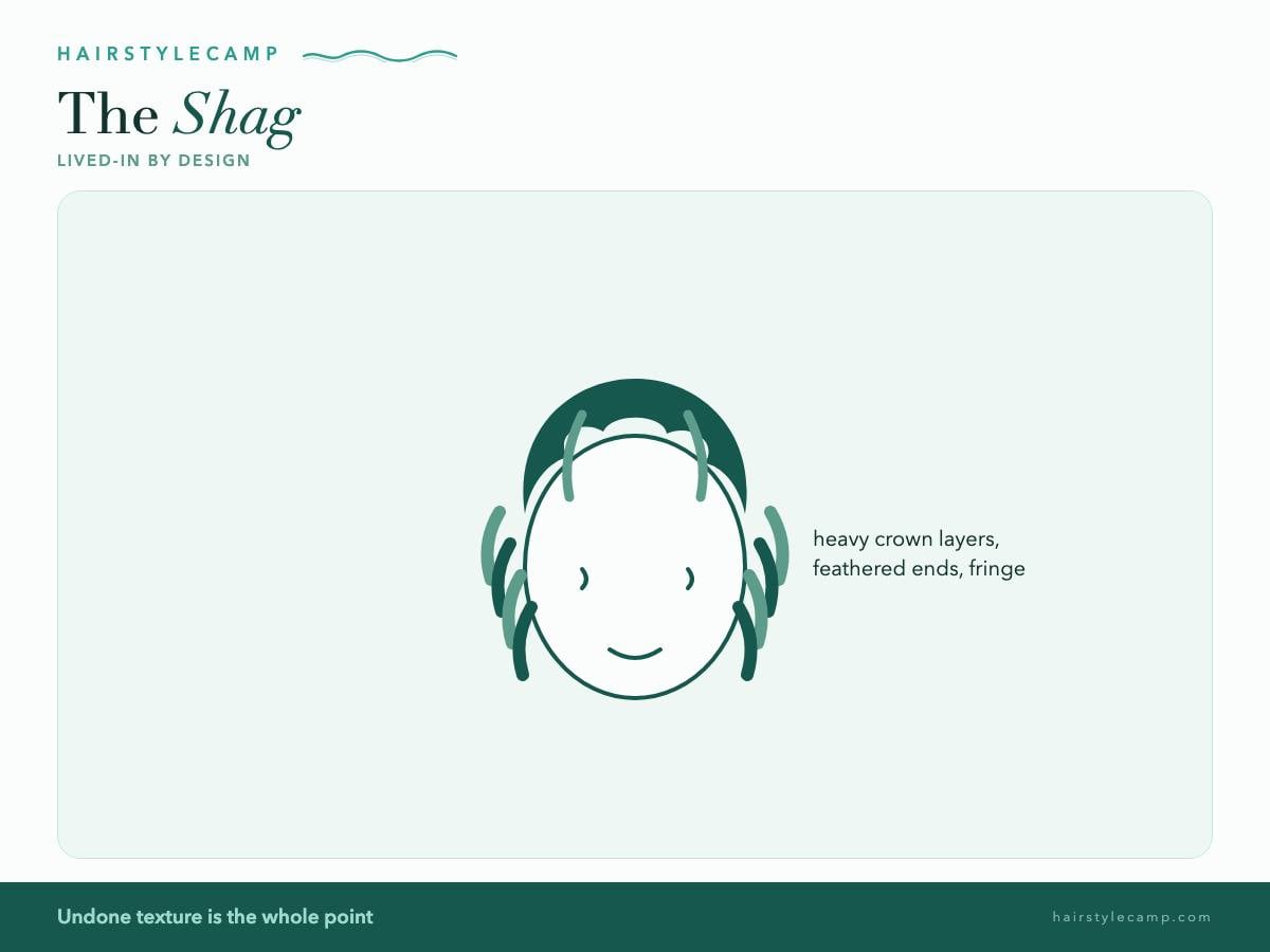Illustration of a shag haircut: heavy crown layers with feathered ends