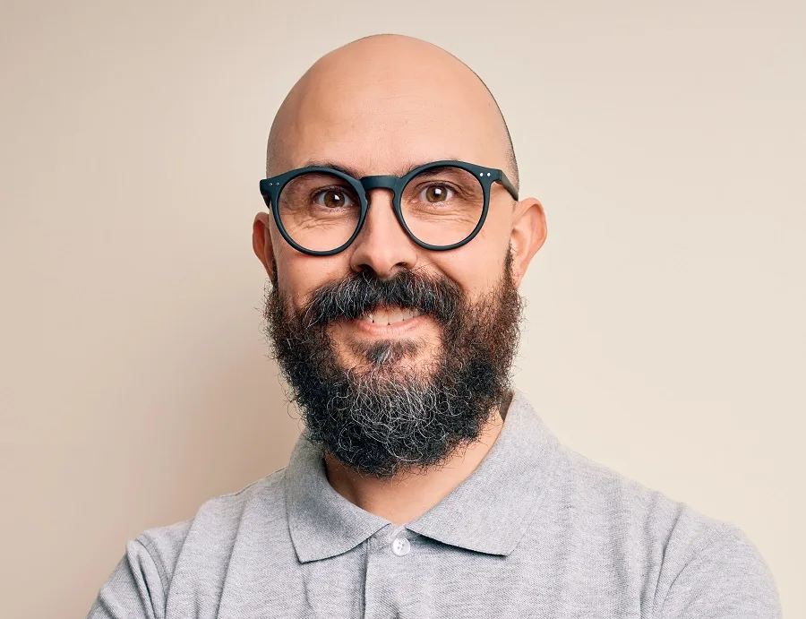 shaved head with beard and glasses