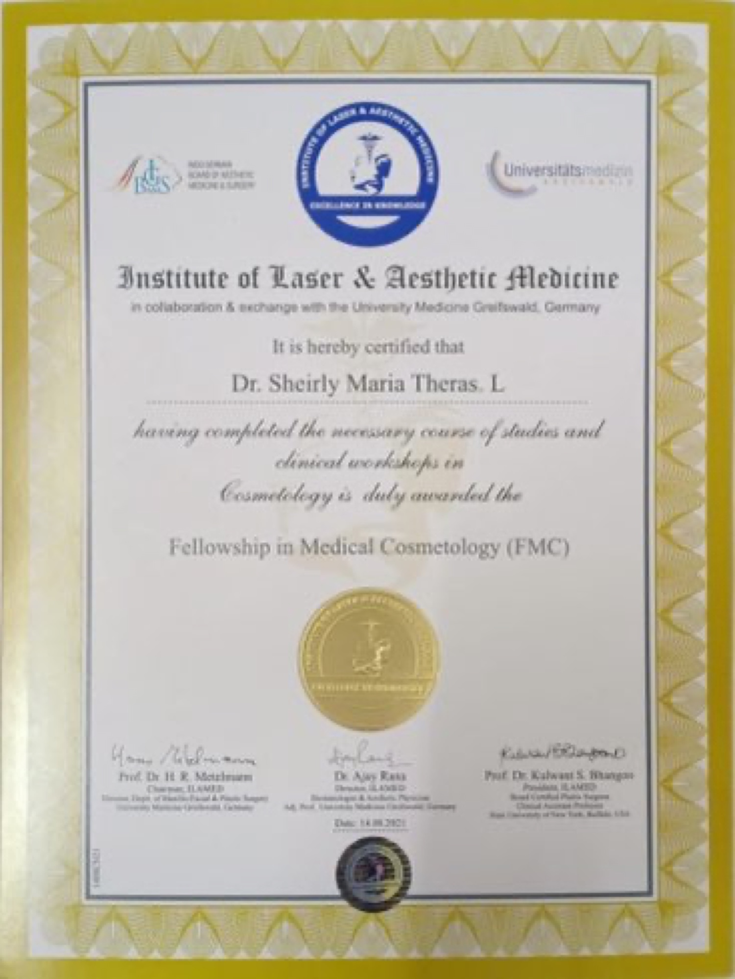 ILAMED Fellowship in Medical Cosmetology certificate of Sheirly Maria Theras