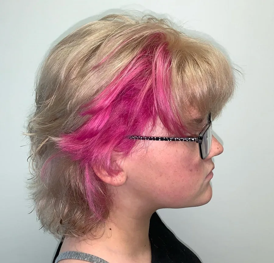 short blonde hair with pink underneath