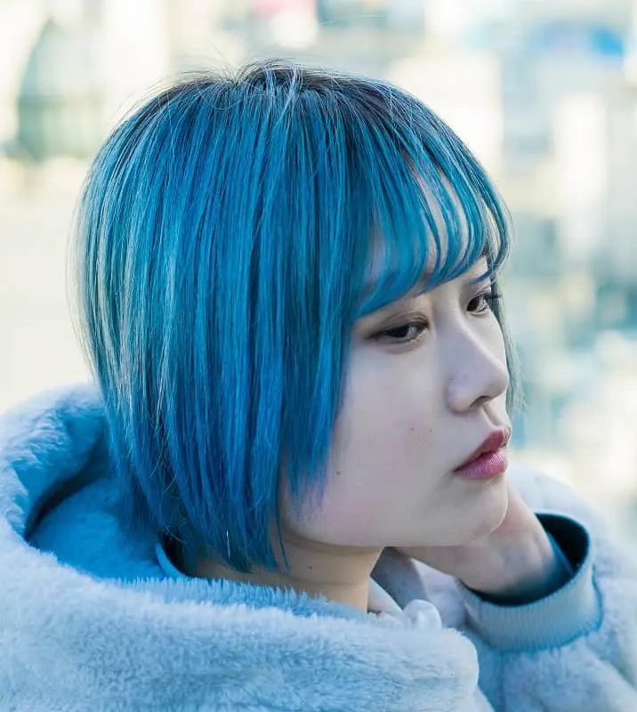 short blue hair with bangs