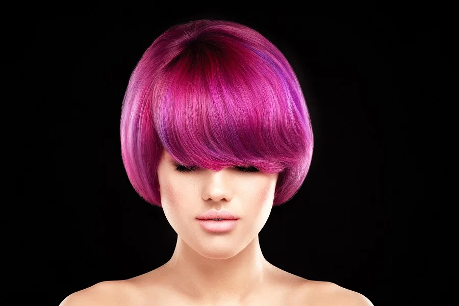 short purple bob with bangs