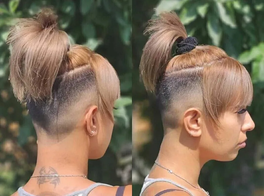 short bob ponytail with bangs