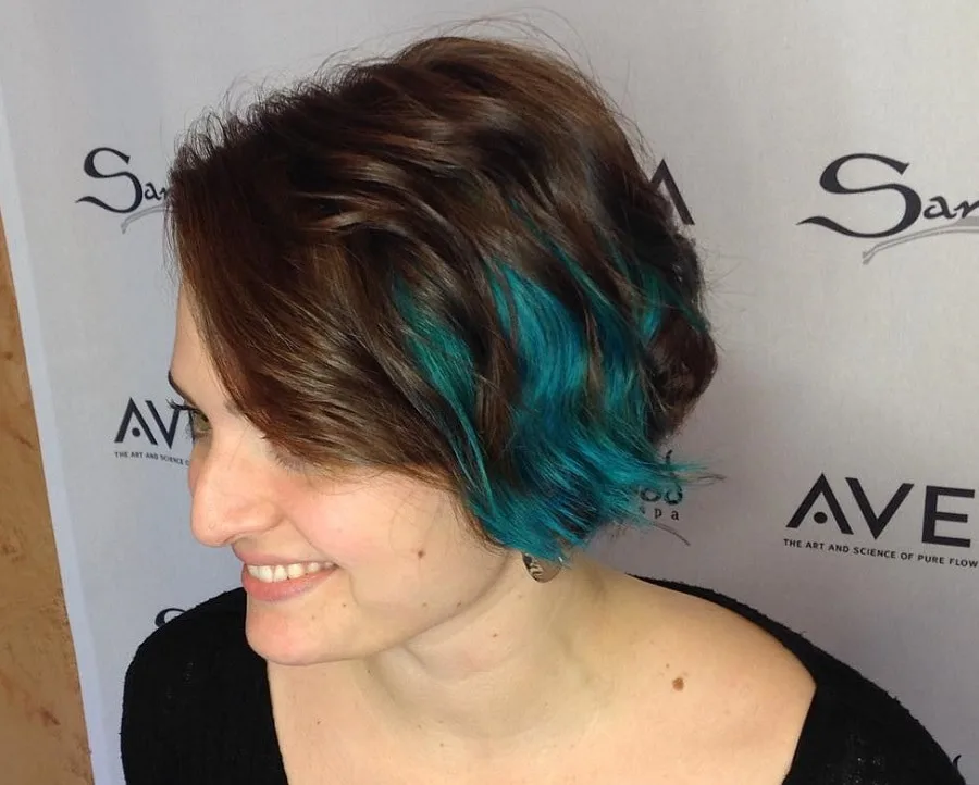 short brown hair with blue underneath