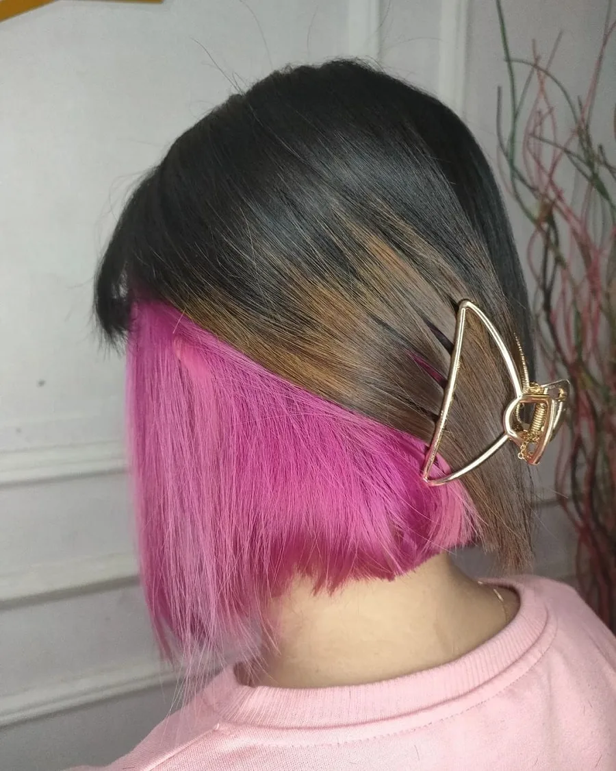 short brown hair with pink underneath