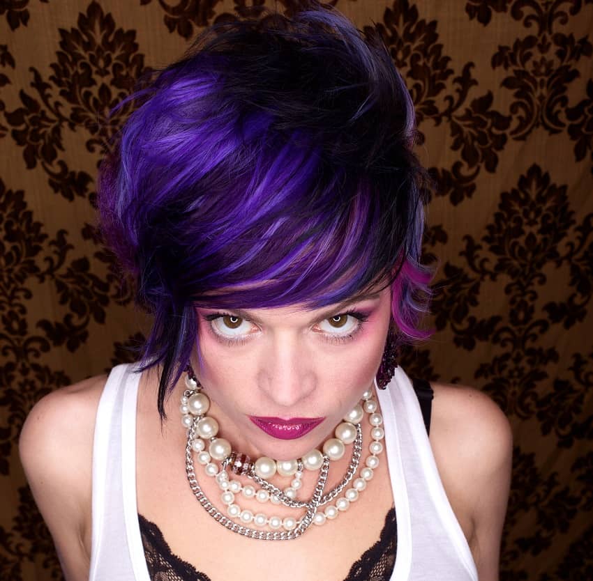 short brown hair with purple highlights