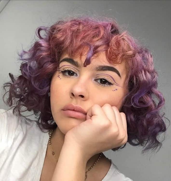 short curly purple hair with bangs