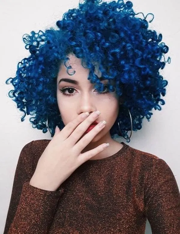 short blue curly hair with bangs