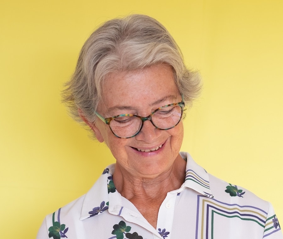 short feathered hair for over 70 with glasses