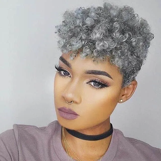 Short Curly Afro Pixie for Gray Hair