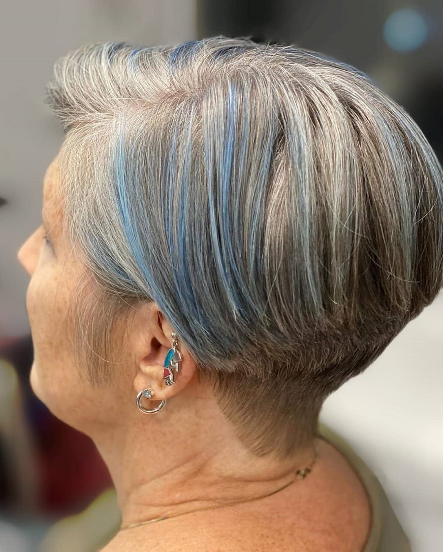 short gray hair with blue highlights