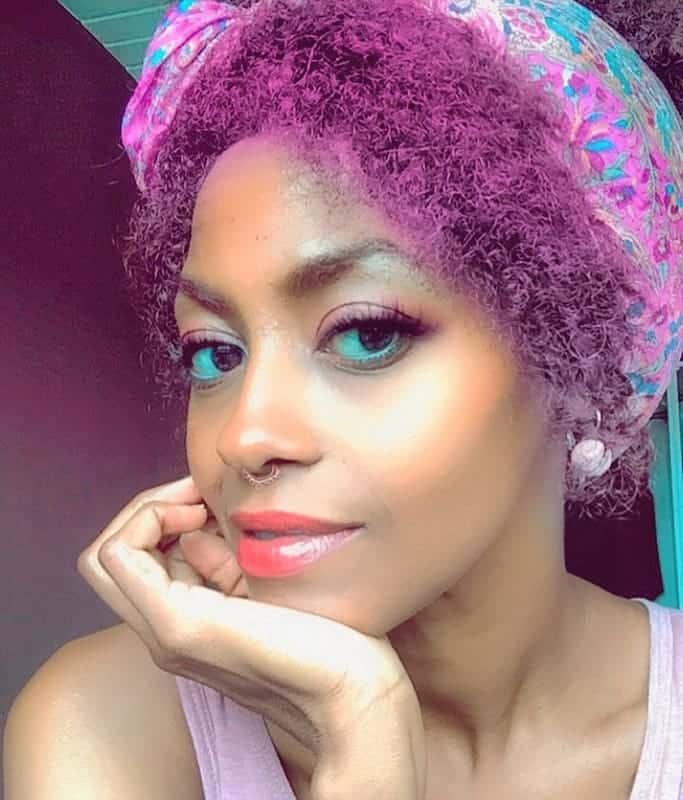black girl with short purple hair