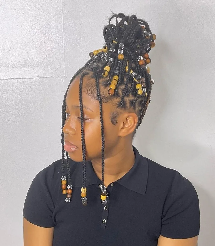 short knotless braided bun with beads