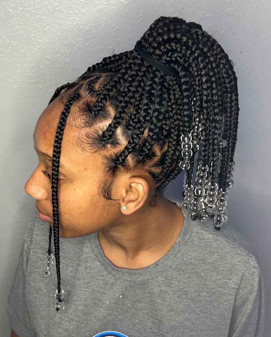 short knotless braided ponytail with beads
