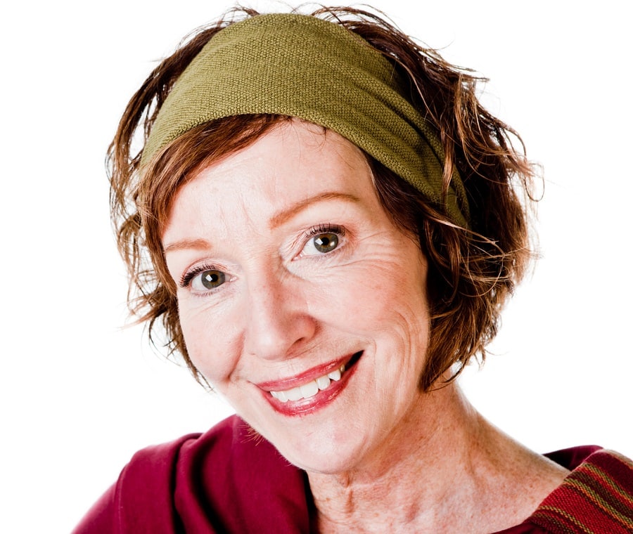 short layered haircut with headband for women over 50