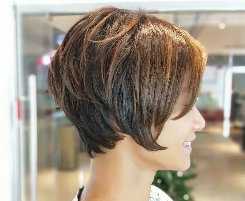 short and layered chocolate brown fine hair