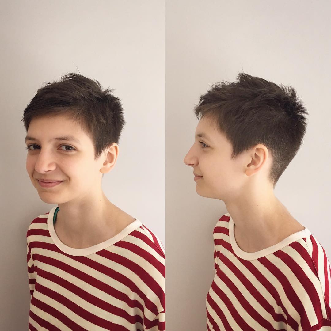 teen girl with short textured dark pixie cut