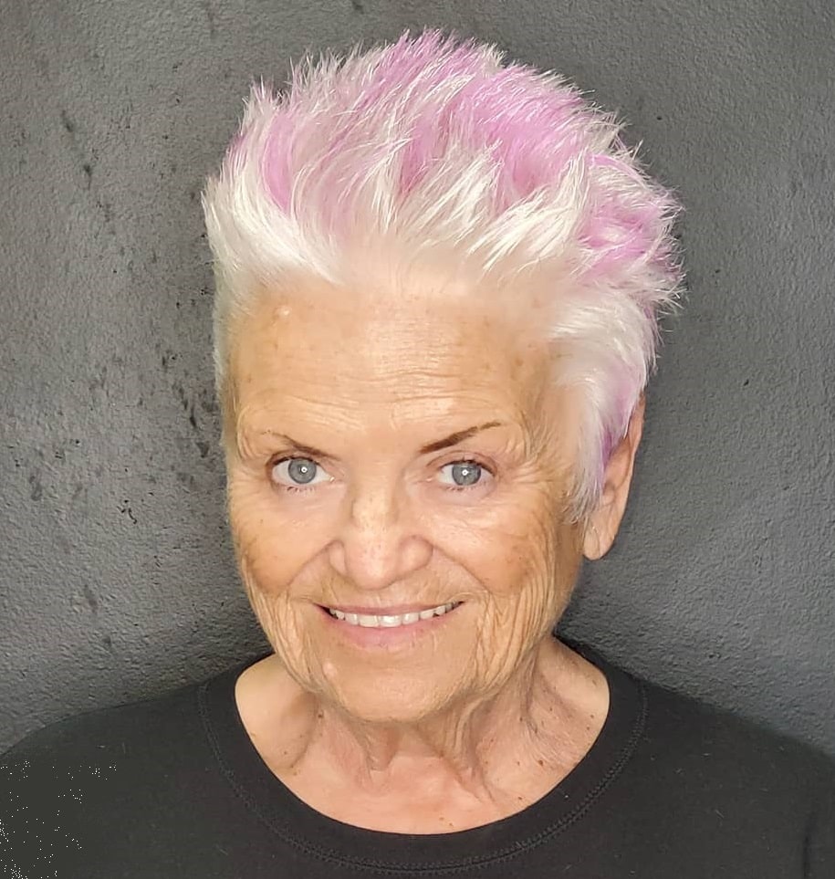 Short and spiky two-tone haircut over 70