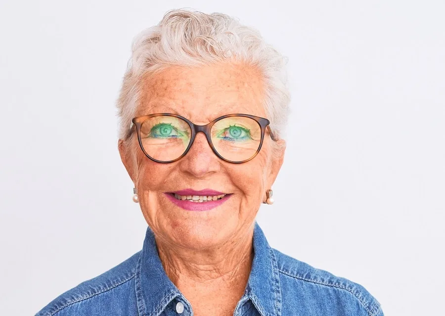 short wavy hairstyle for women over 70 with glasses