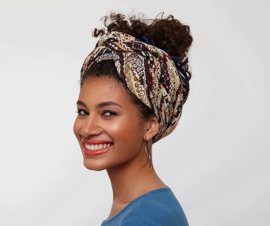 shoulder length hairstyle with bandana