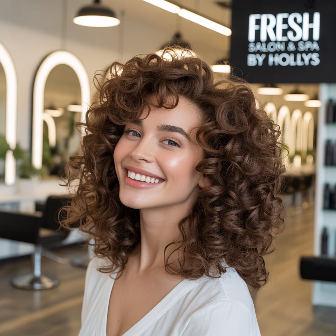 voluminous shoulder length brown curly perm