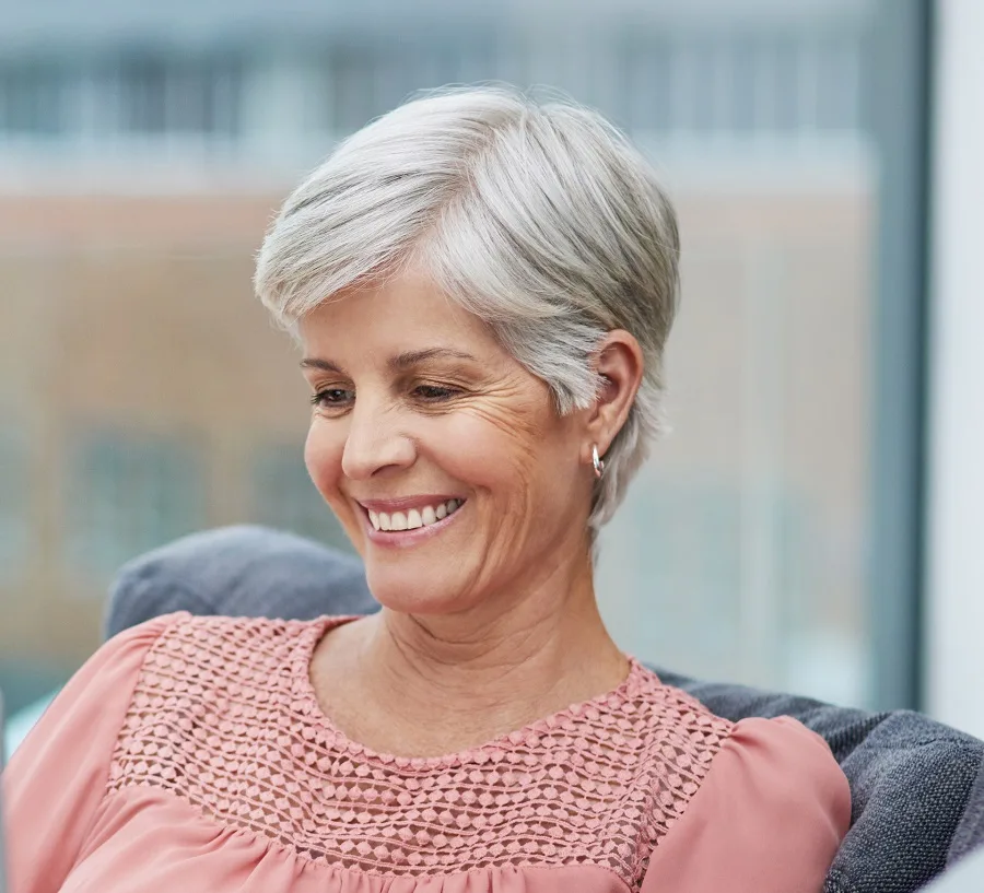 side part grey hairstyle for women over 50