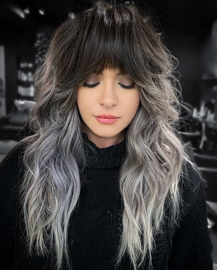 silver balayage hair with bangs