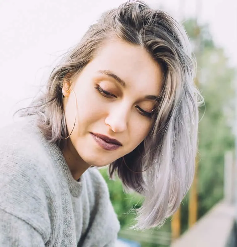 silver balayage on brown hair