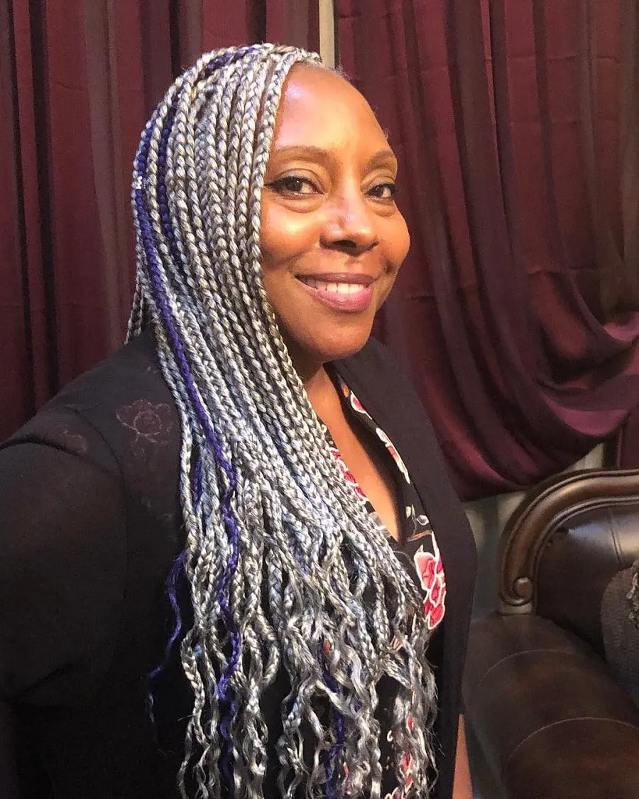 silver grey box braids with curly ends