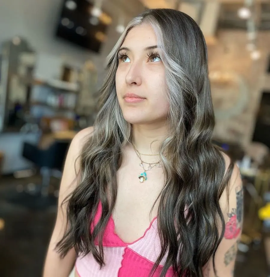 silver highlights on long brown hair