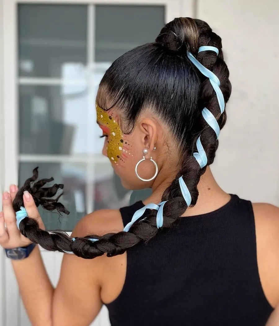 slick ponytail braid with ribbons