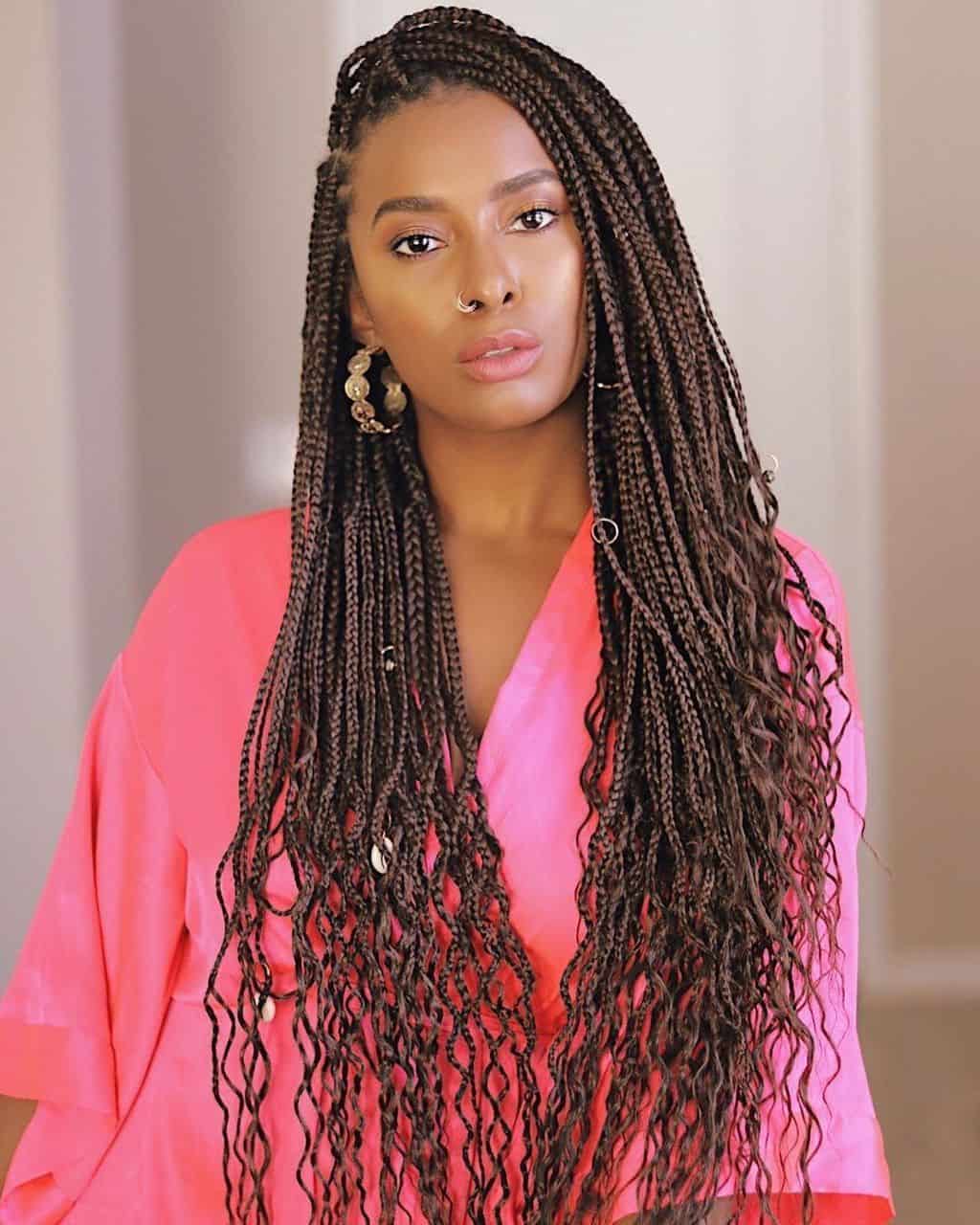small box braids with curly ends