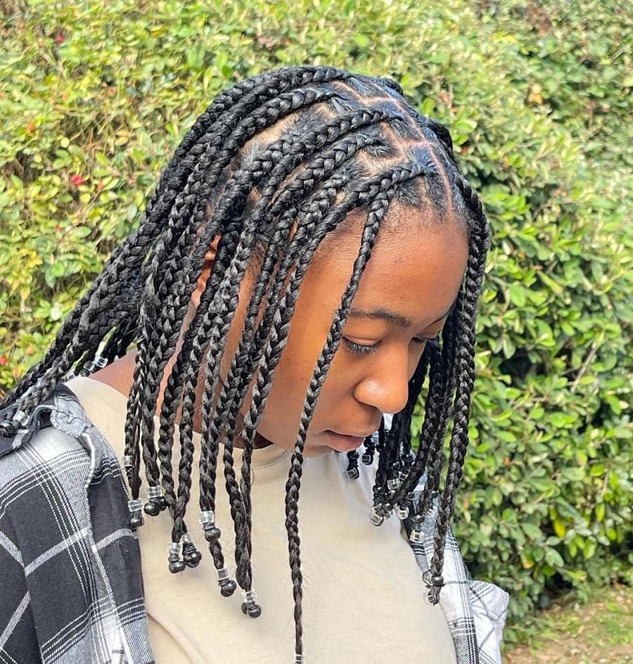 small short knotless braids with beads