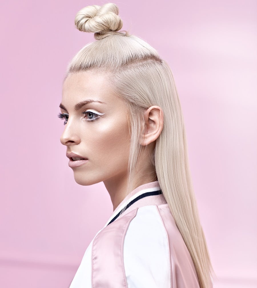 Softball hairstyle with topknot