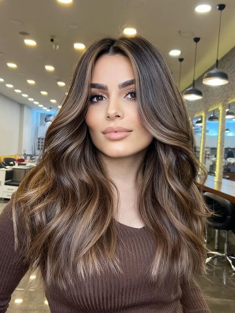 long layered hair with soft sombre highlights and loose waves