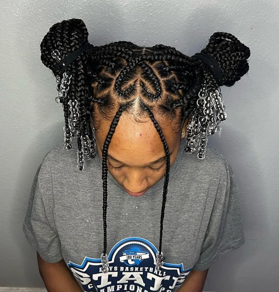 space buns with heart shape knotless braids