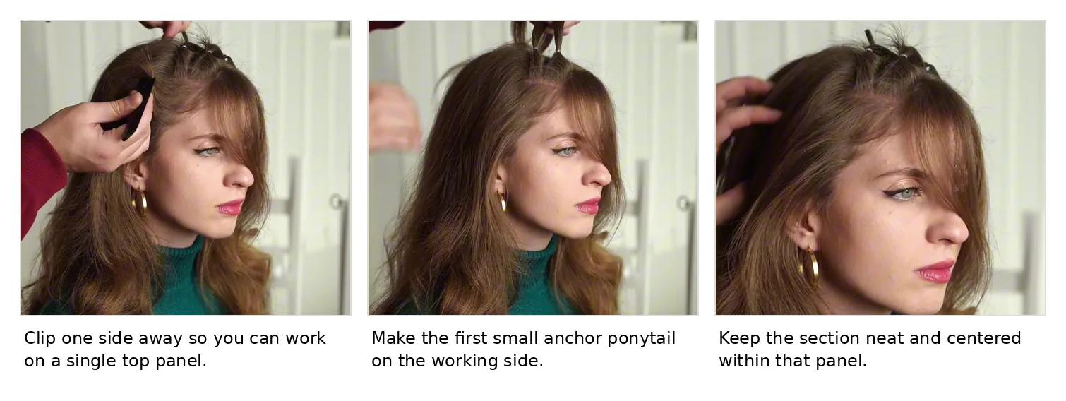 Collage showing one side clipped away and the first small ponytail being made on the working side.