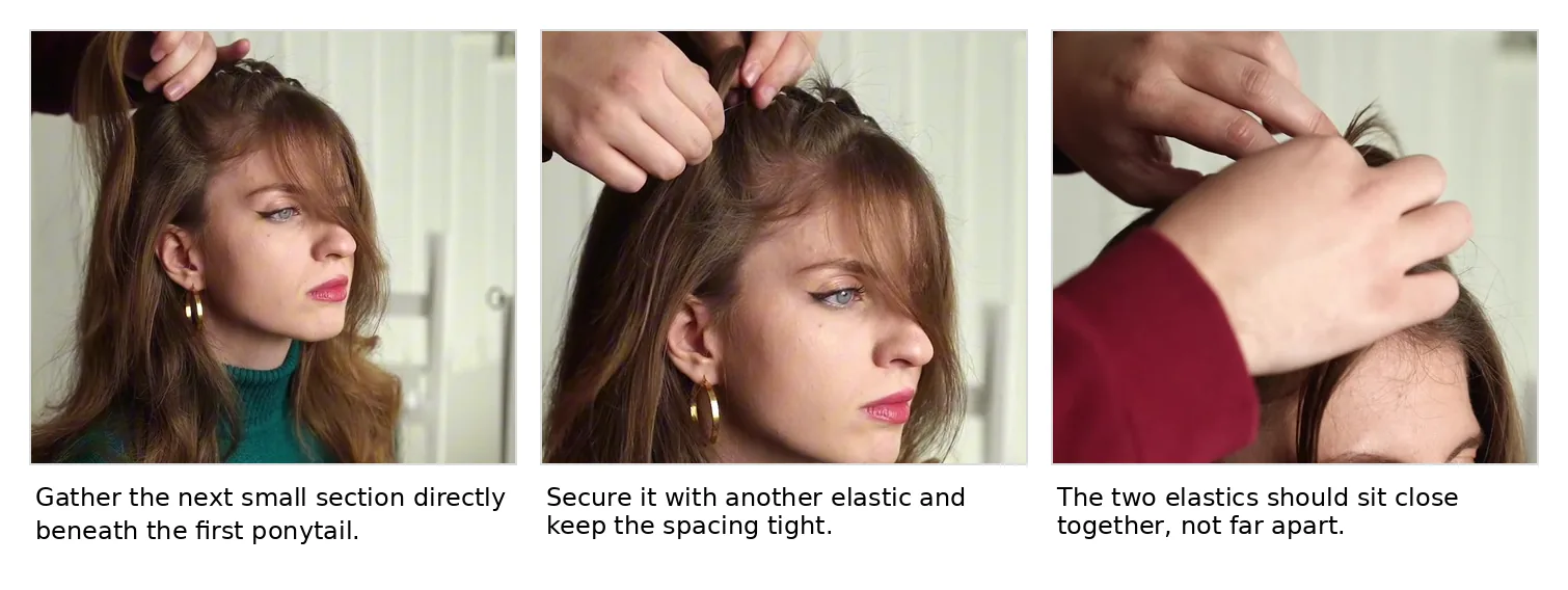 Collage showing the second small ponytail placed close under the first one.