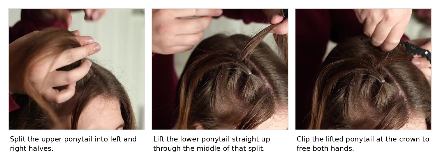 Collage showing the top ponytail split in half, the lower ponytail lifted through the center, and then clipped up at the crown.