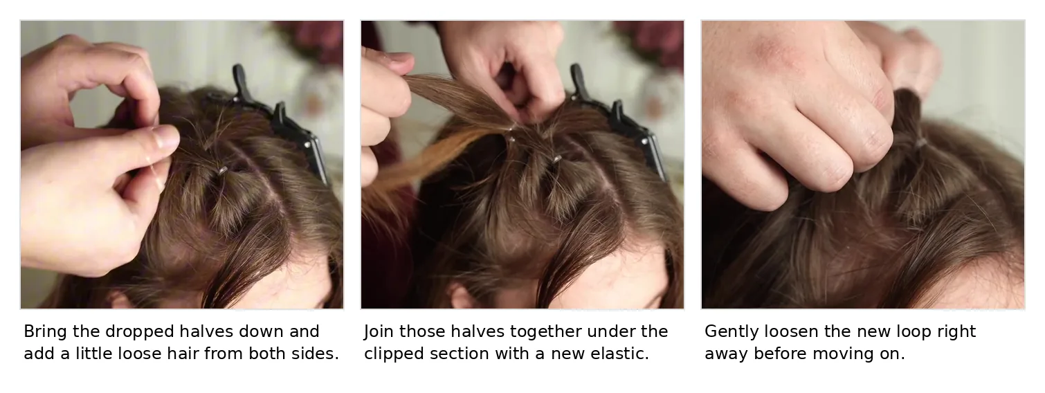 Collage showing the dropped halves being tied with new side hair and then loosened immediately.