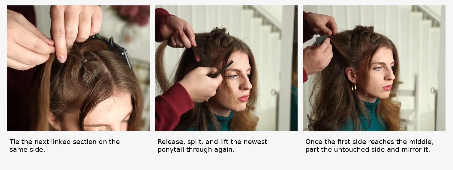 Collage showing the pull-through sequence repeating farther back on the first side and then the untouched opposite side being parted to mirror the braid.