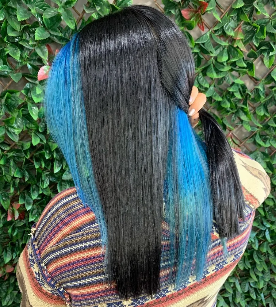 Straight black hair with blue underneath