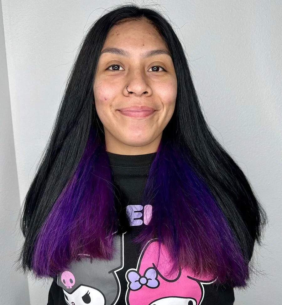 Straight black hair with purple underneath