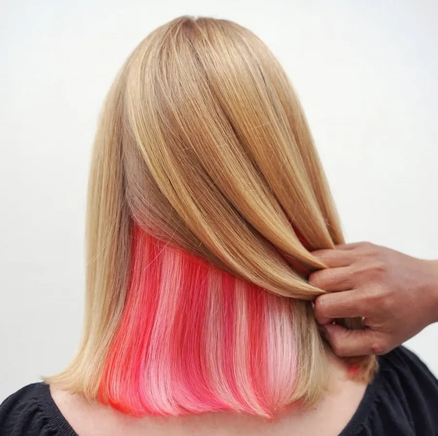 straight blonde hair with pastel pink underneath