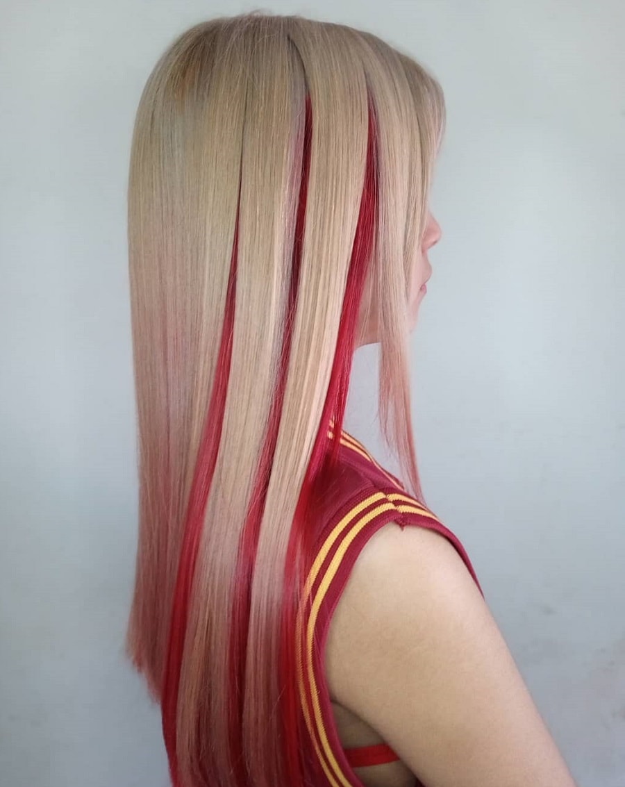 straight blonde hair with red underneath