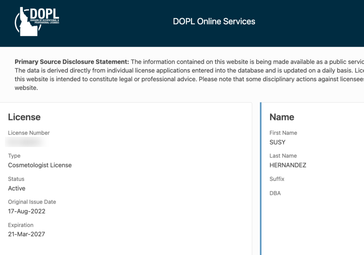 Idaho Division of Occupational and Professional Licenses verification for Susy Hernandez, cosmetologist, status Active, expires March 21, 2027